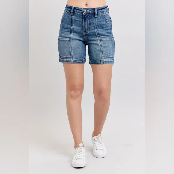 Judy Blue High Rise Denim Mid-Length Enevlope Pockets Slim Fit Jean Shorts